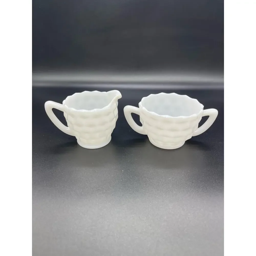 Vintage Hazel Atlas Milk Glass Sugar & Creamer Cubist Cube Pattern